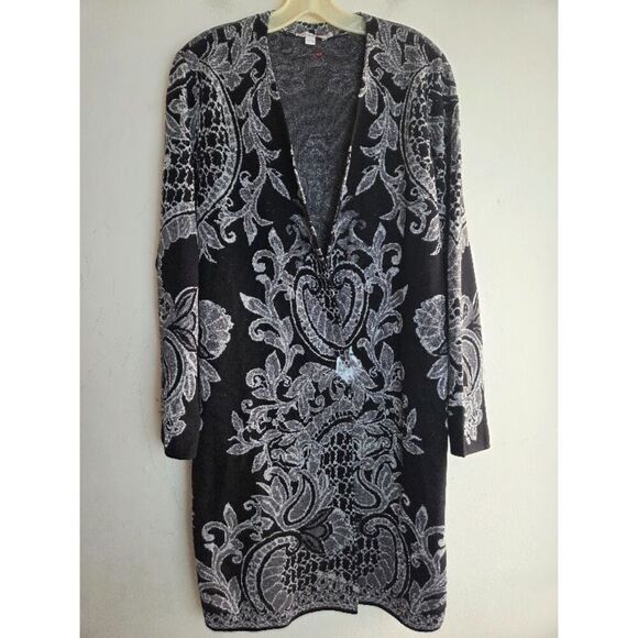 Chico's Women "Luxrex" Black Silver Pasley Cotton Open Tunic Cardigan size 3/XL - Picture 1 of 6